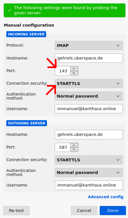 Screenshot of server settings configuration screen in Thunderbird